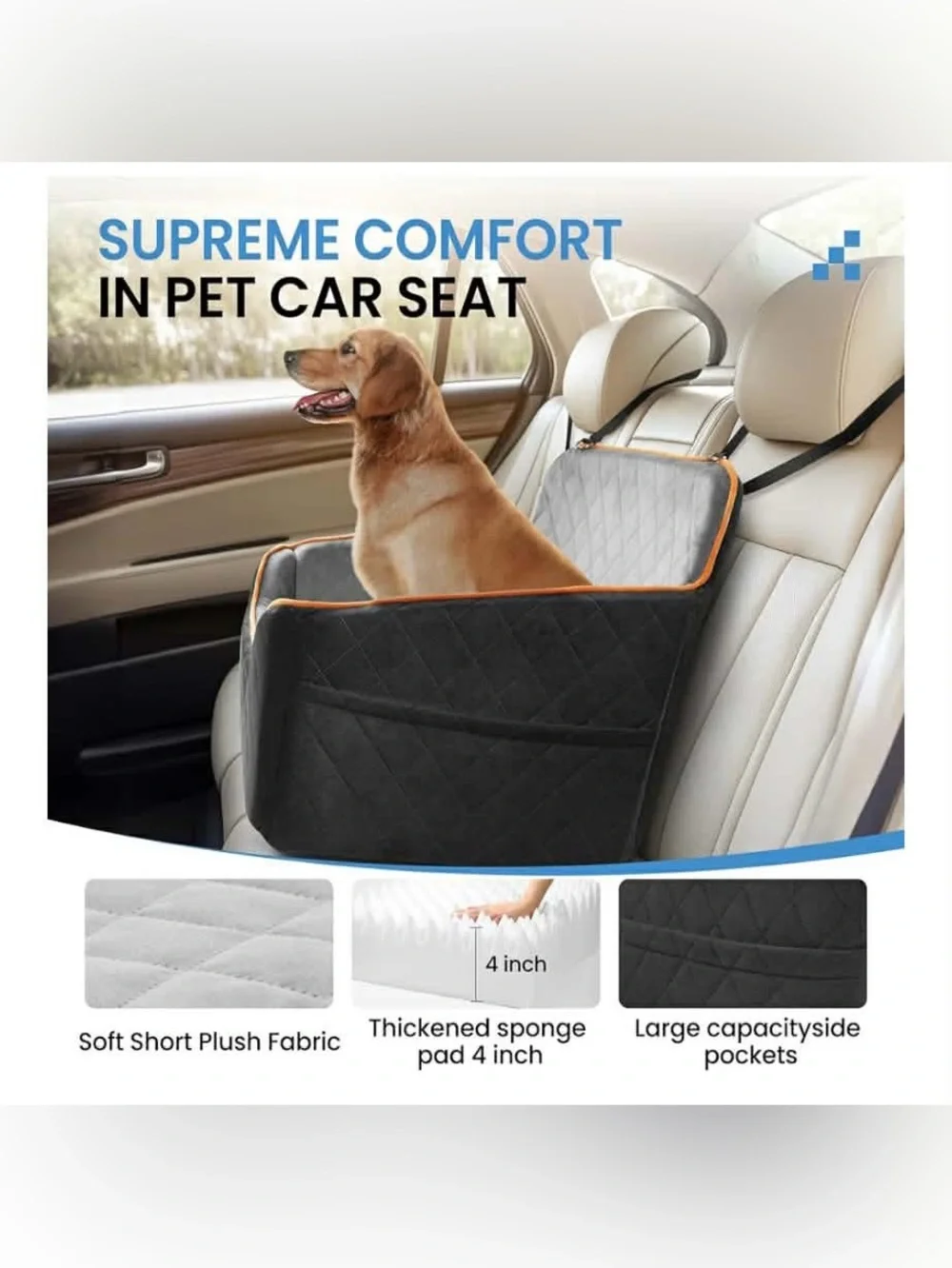 Quilted Pet Car Seat Booster - Gray with Tan Trim